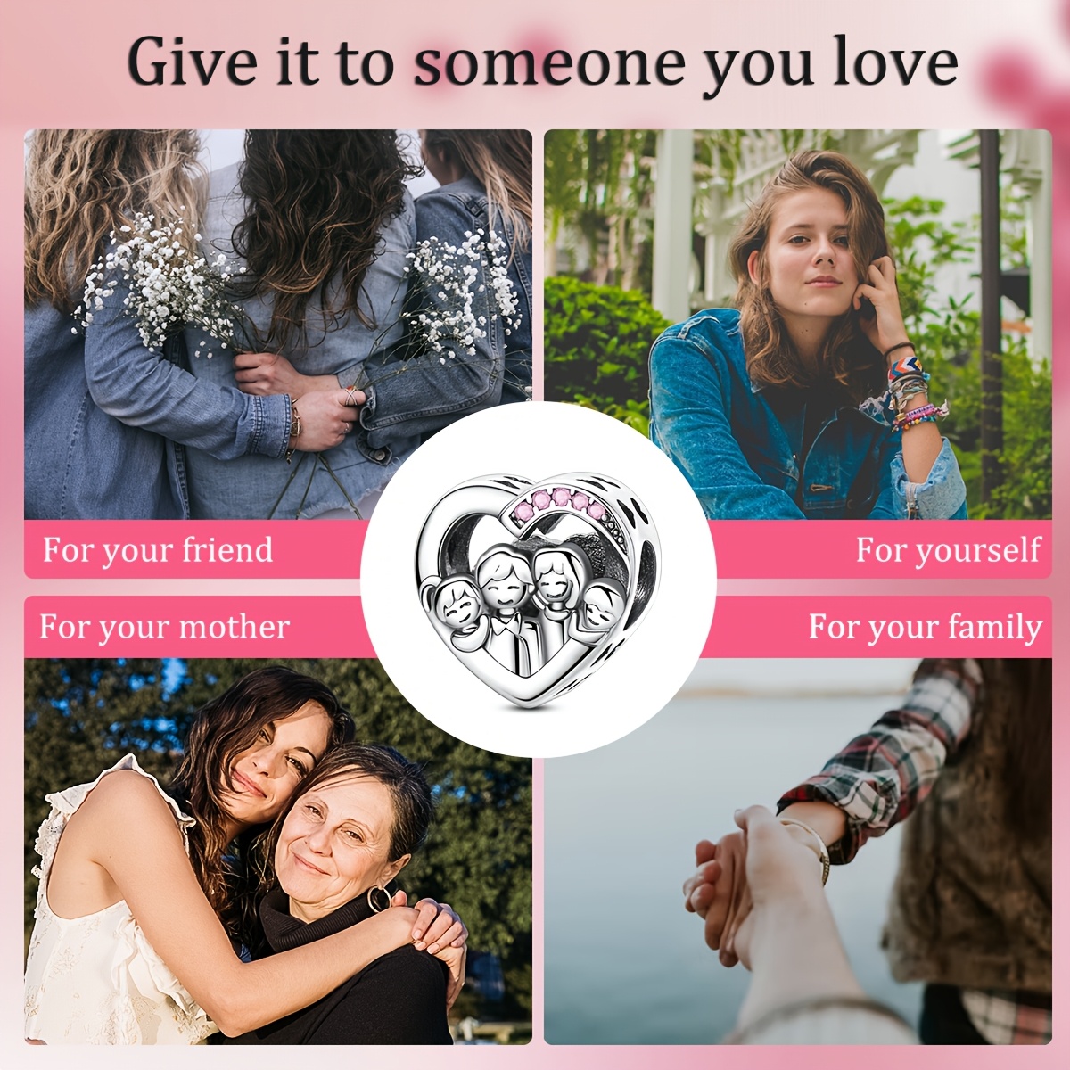 Silver Plated Heart-Shaped Family Portrait Charm, DIY Craft